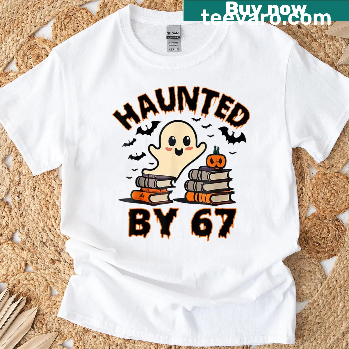 Funny T-shirt with a ghost and pumpkin illustration for teachers — on a men's t-shirt