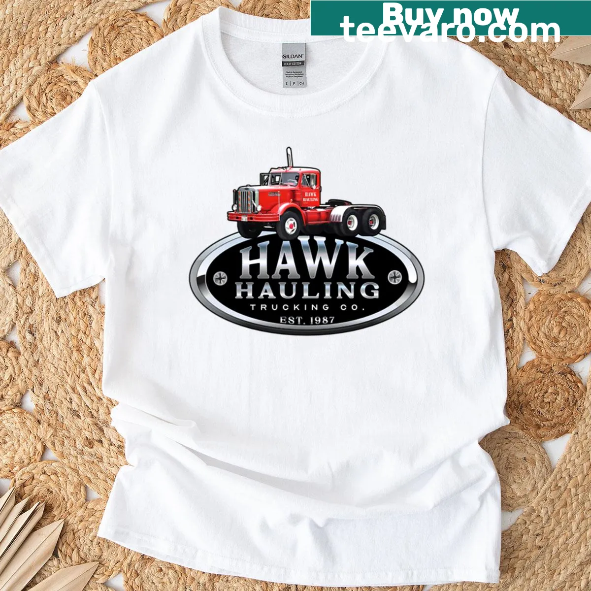 Trucking T-shirt featuring Hawk Hauling Trucking Co emblem — on a men's t-shirt