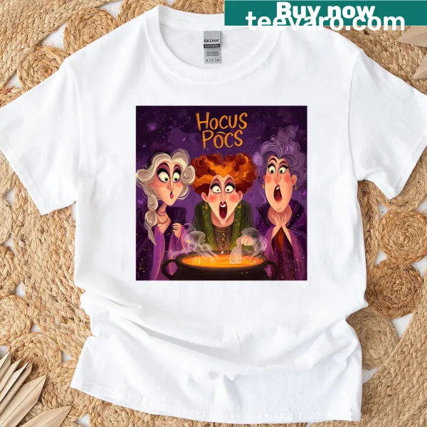 Cartoon-style t-shirt featuring witches and a cauldron design