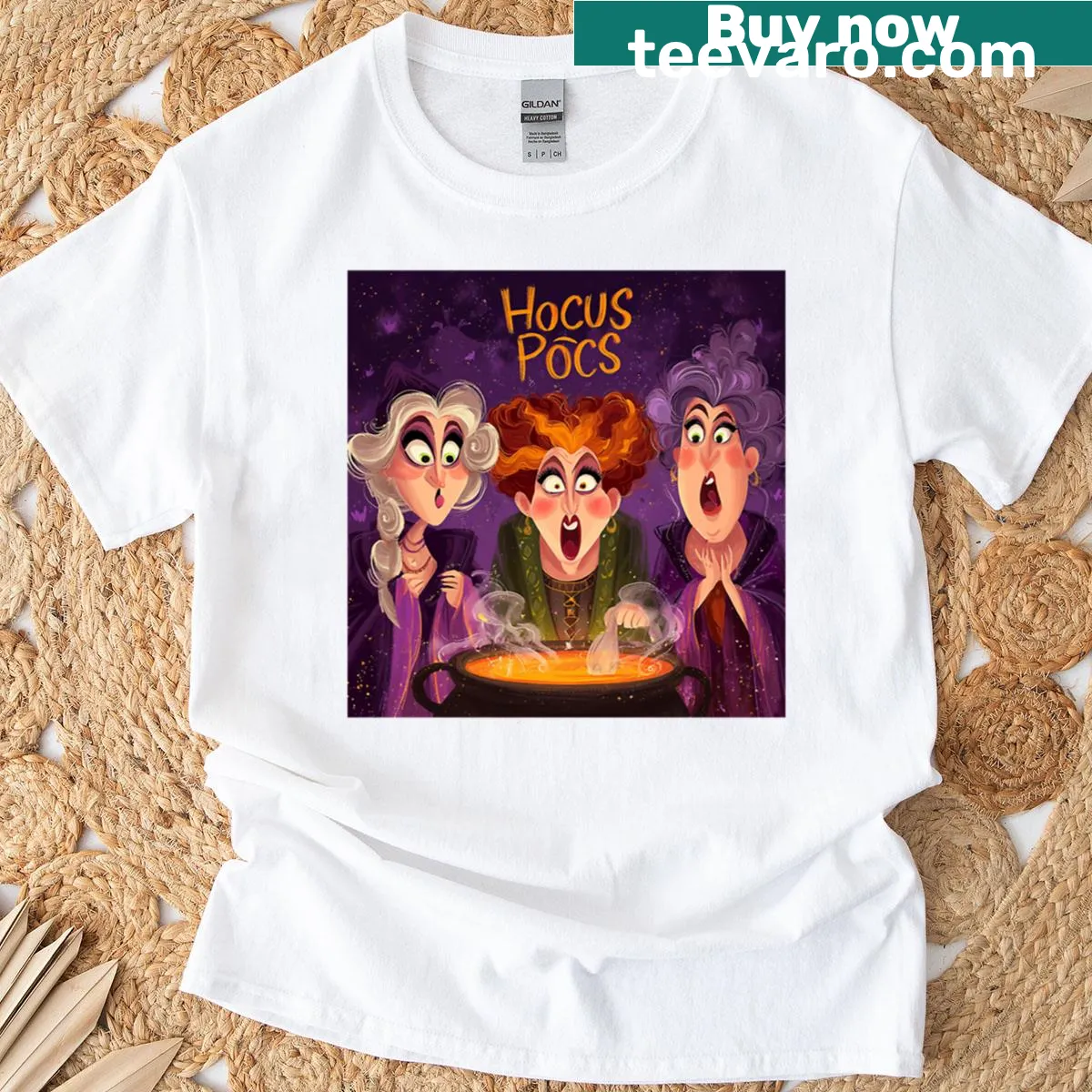 Cartoon-style t-shirt featuring witches and a cauldron design — on a men's t-shirt