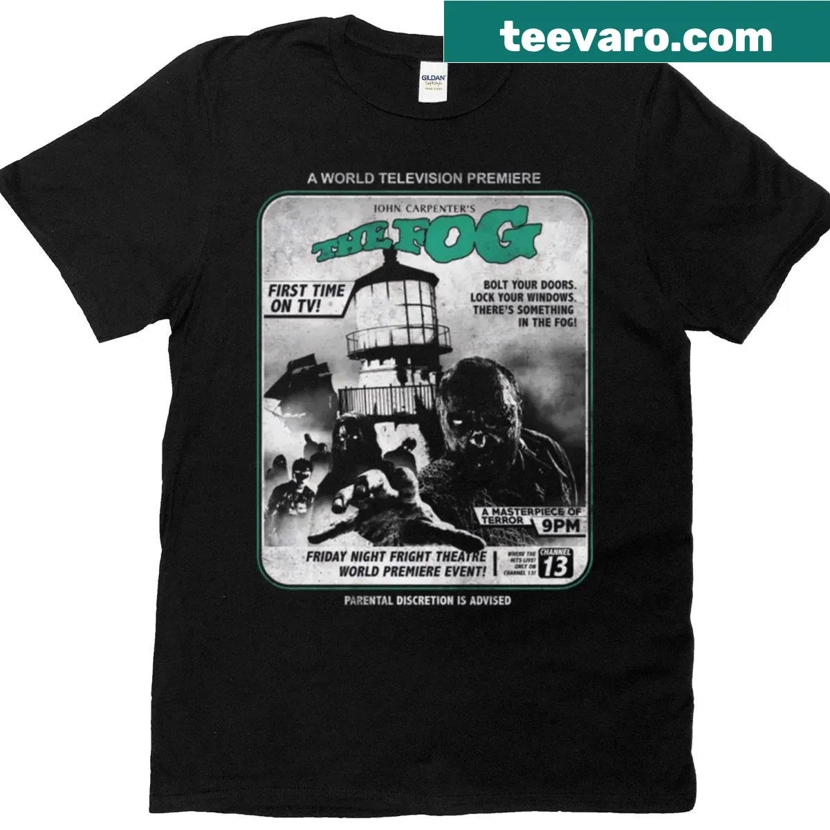 Vintage T-shirt featuring horror movie themes from the 80s and 90s — on a men's t-shirt