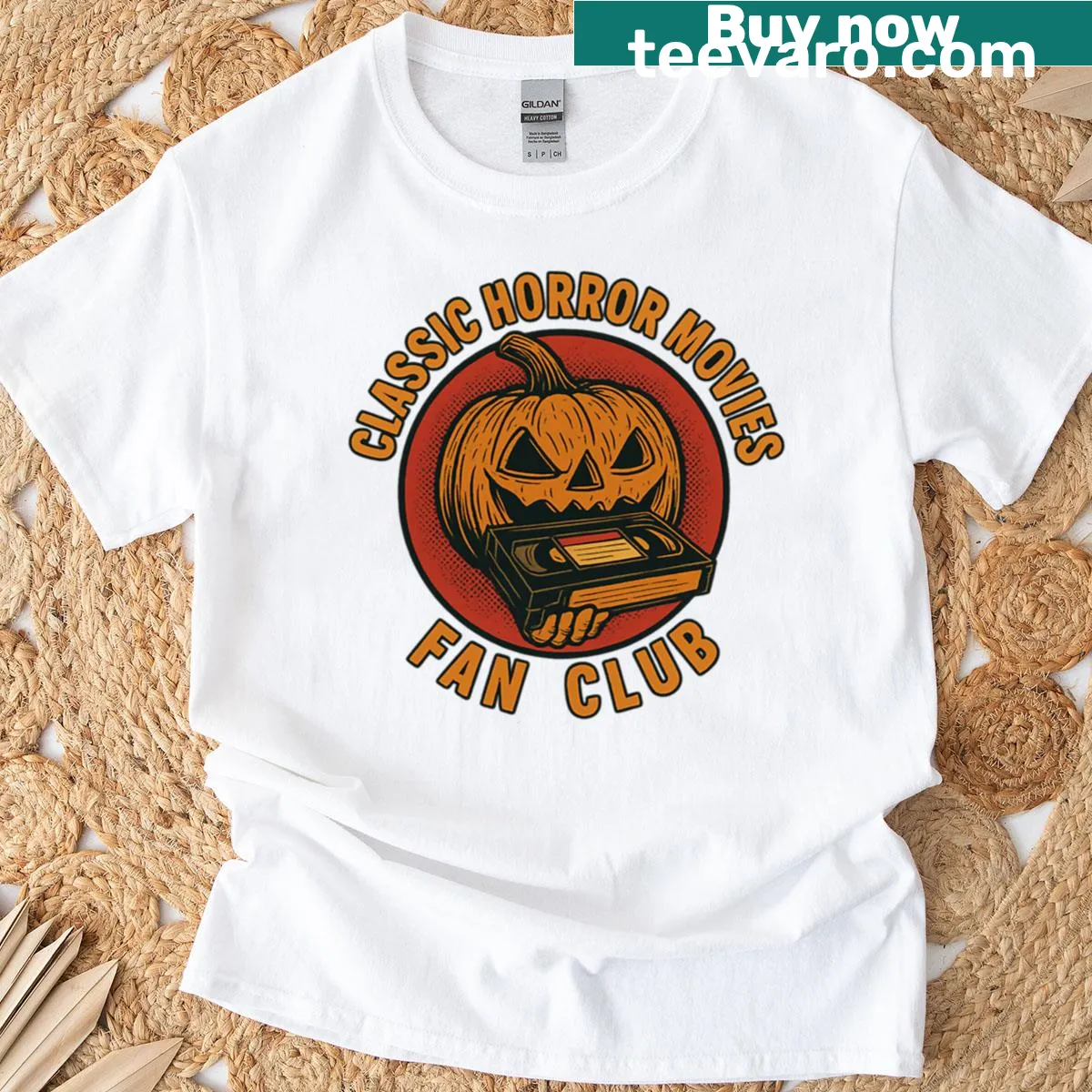Retro T-shirt featuring a pumpkin and VHS design for horror fans — on a men's t-shirt