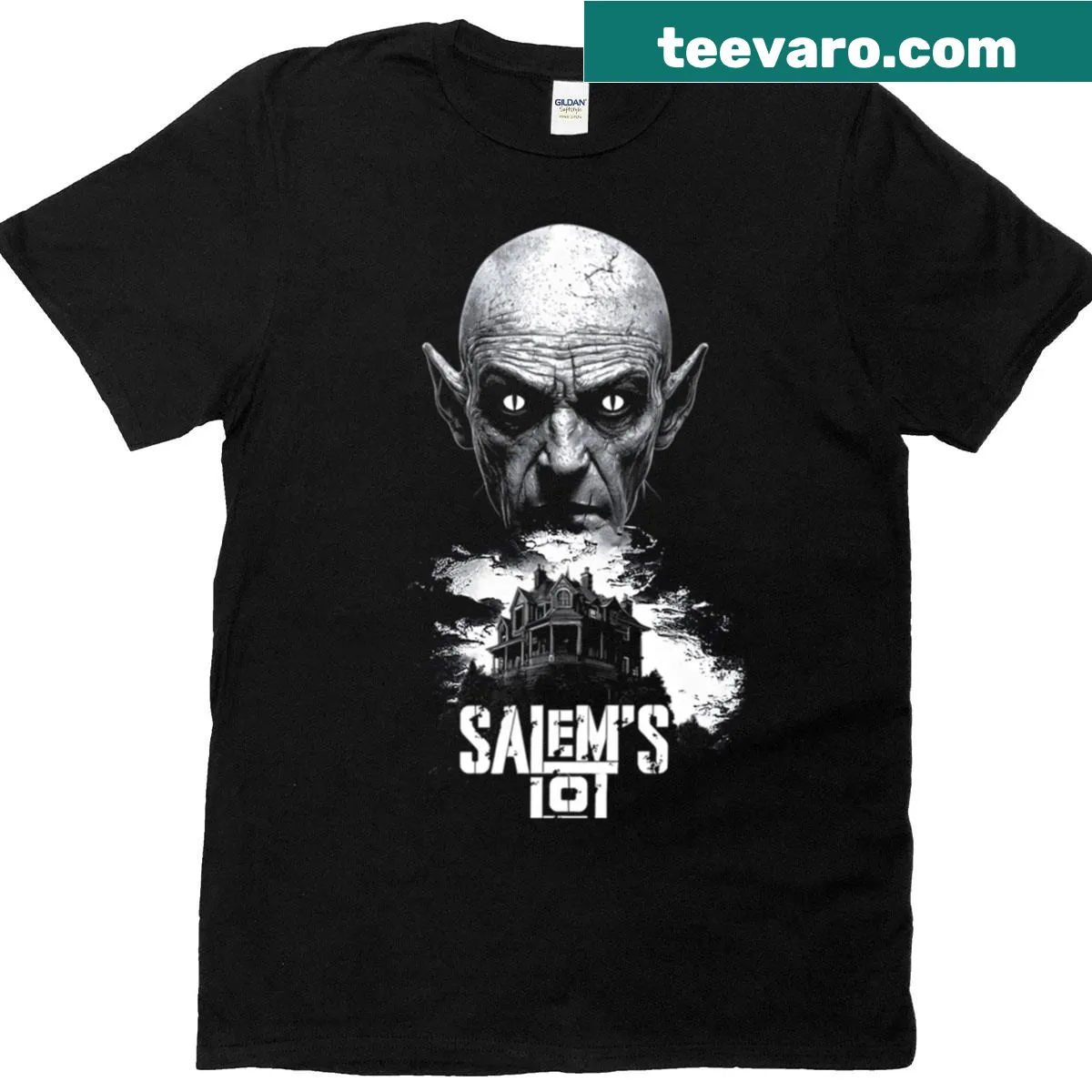 Vintage-style T-shirt with horror movie elements including monsters and ghosts. — on a men's t-shirt