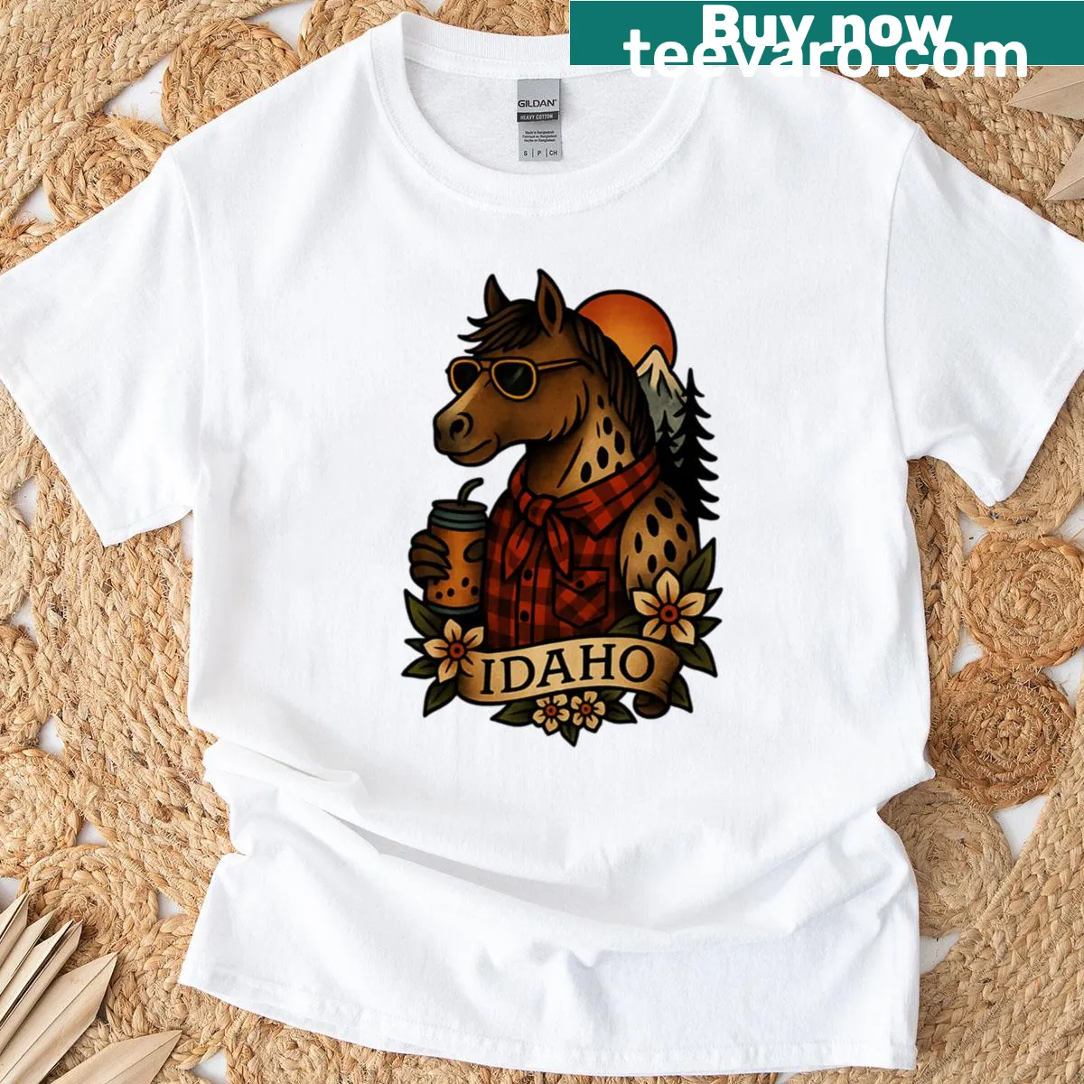 Vintage tattoo-style Idaho horse graphic t-shirt — on a men's t-shirt
