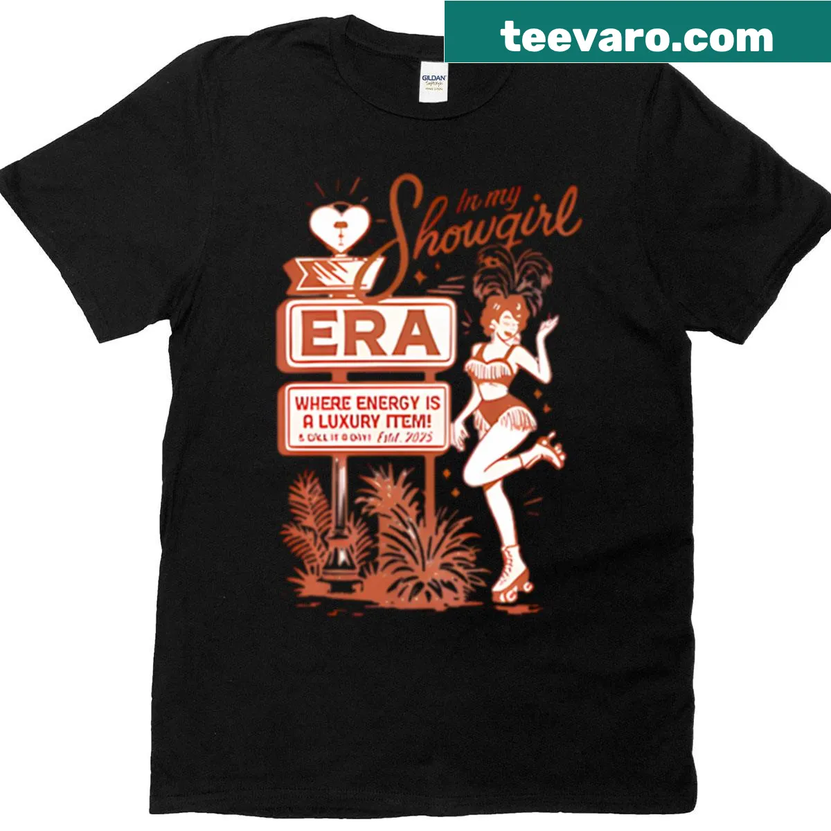 Whimsical showgirl-themed shirt with unique typography — on a men's t-shirt
