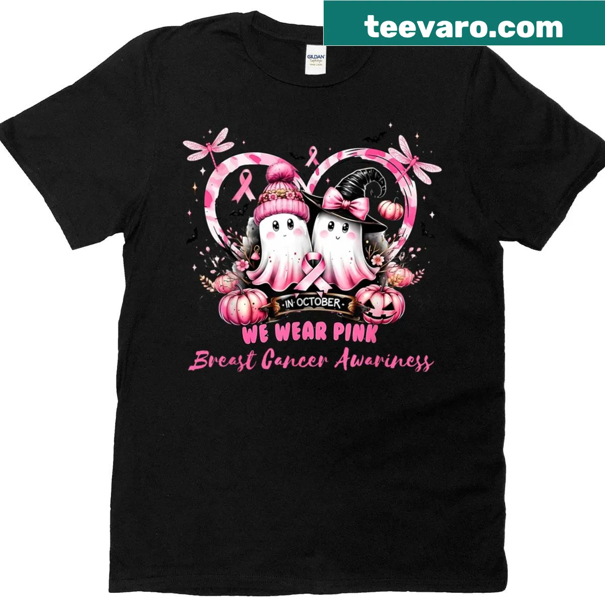 T-shirt featuring a heart and dragonflies with 'In October We Wear Pink' — on a men's t-shirt