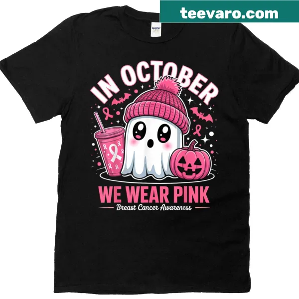 Pink ghost and witch graphic for breast cancer awareness on a t-shirt