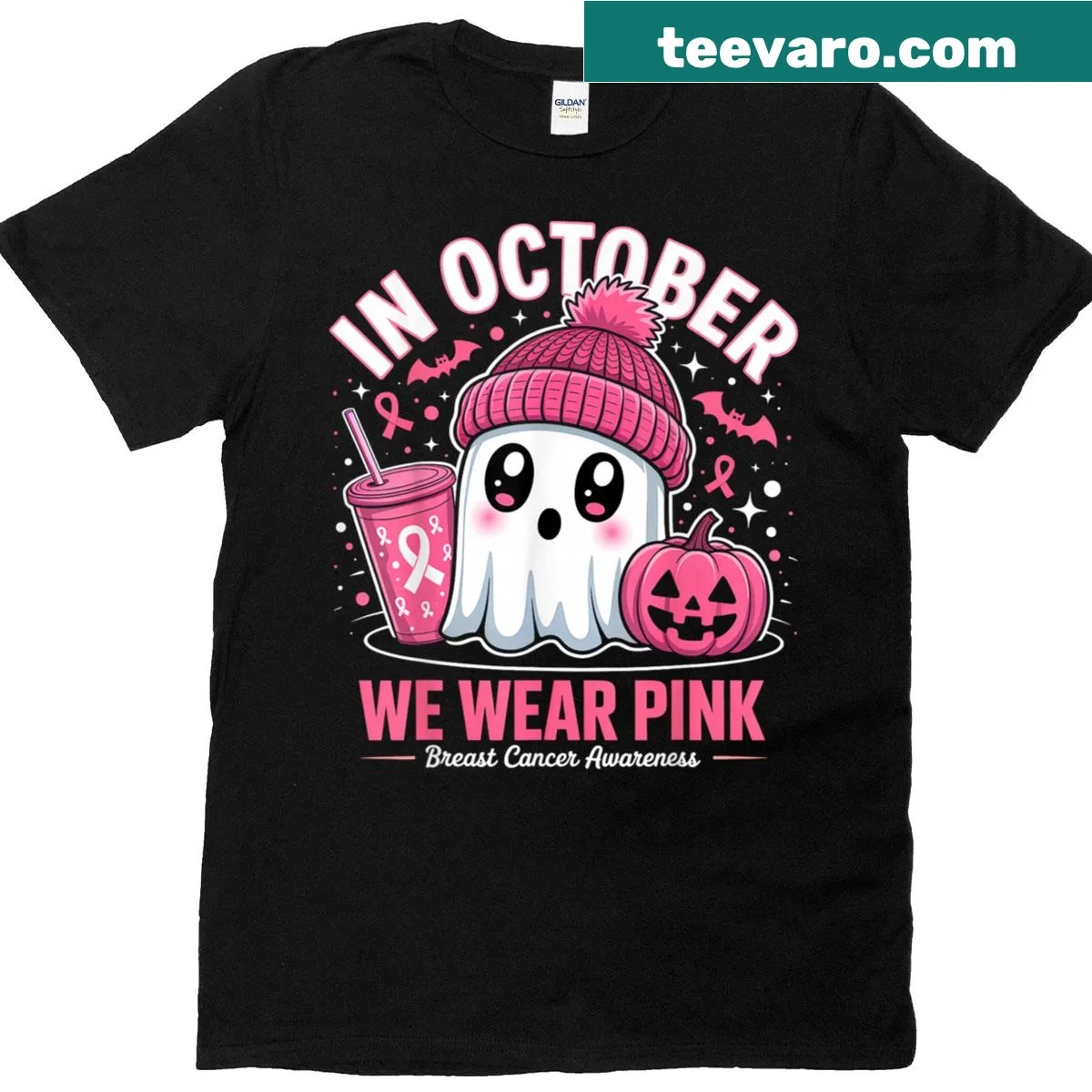 Pink ghost and witch graphic for breast cancer awareness on a t-shirt — on a men's t-shirt