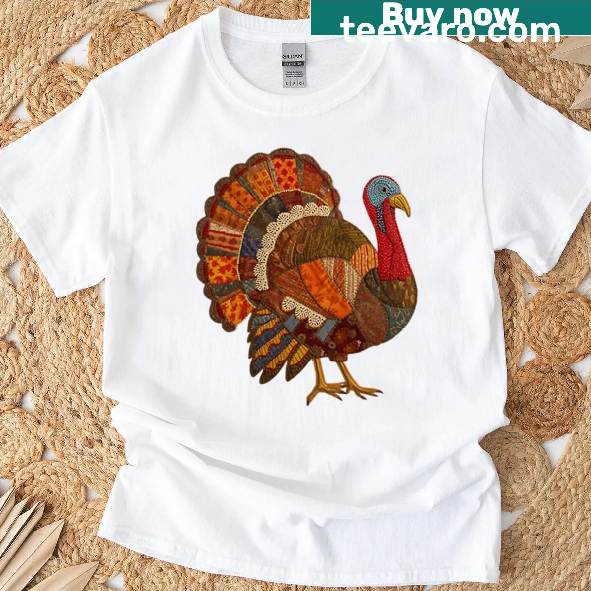 Intricate patchwork turkey design for Thanksgiving on a t-shirt — on a men's t-shirt