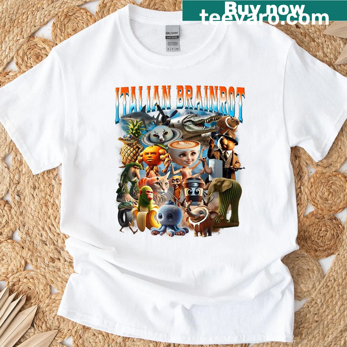 Funny T-shirt with illustrations of Italian Brainrot characters — on a men's t-shirt