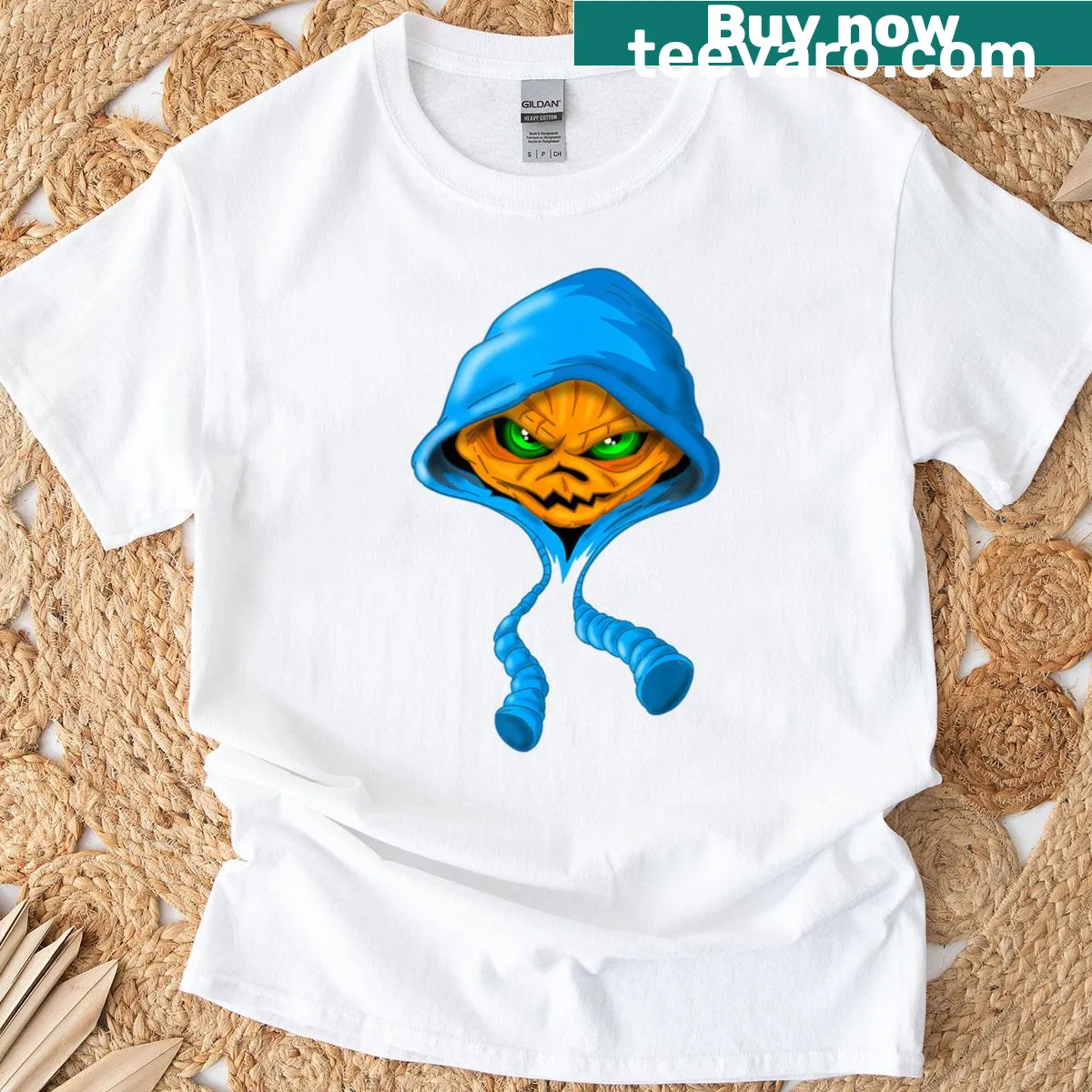 T-shirt featuring a spooky Jack O Lantern graphic for Halloween — on a men's t-shirt