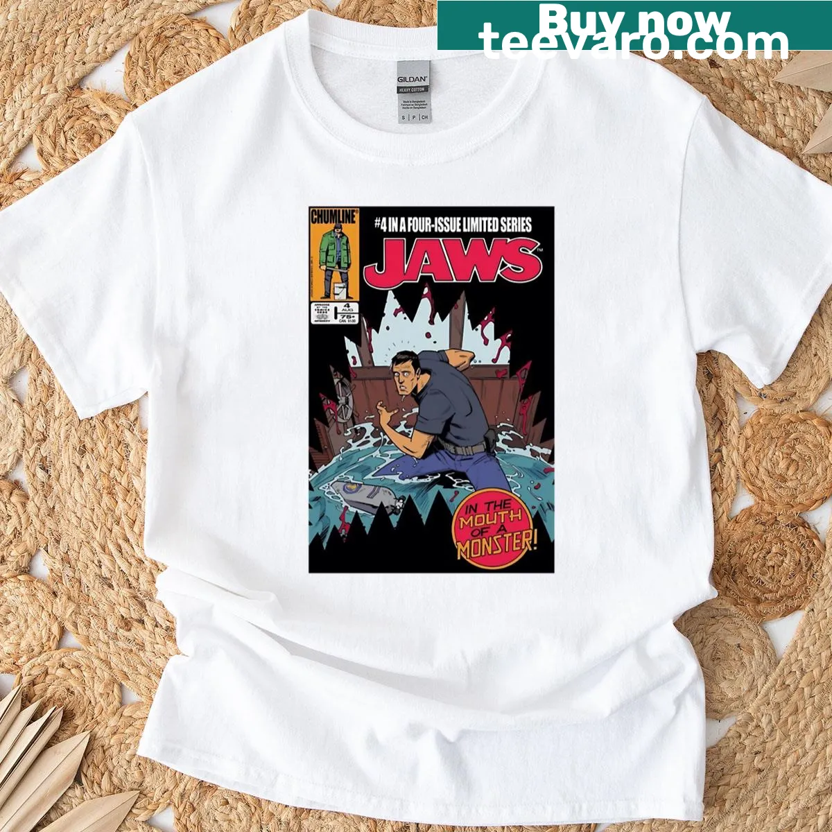 Comic cover design inspired by Jaws on T-shirt — on a men's t-shirt