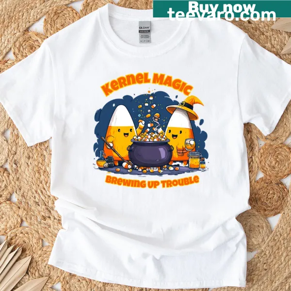 Whimsical Halloween T-shirt featuring a playful kernel design