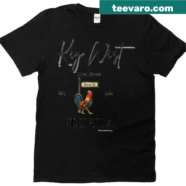 Illustrated T-shirt of a strutting rooster representing Key West.