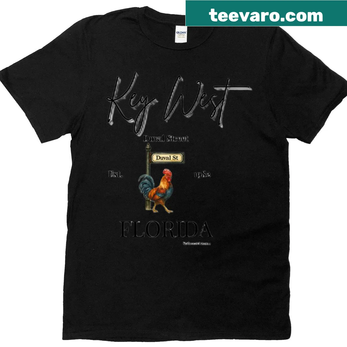 Illustrated T-shirt of a strutting rooster representing Key West. — on a men's t-shirt