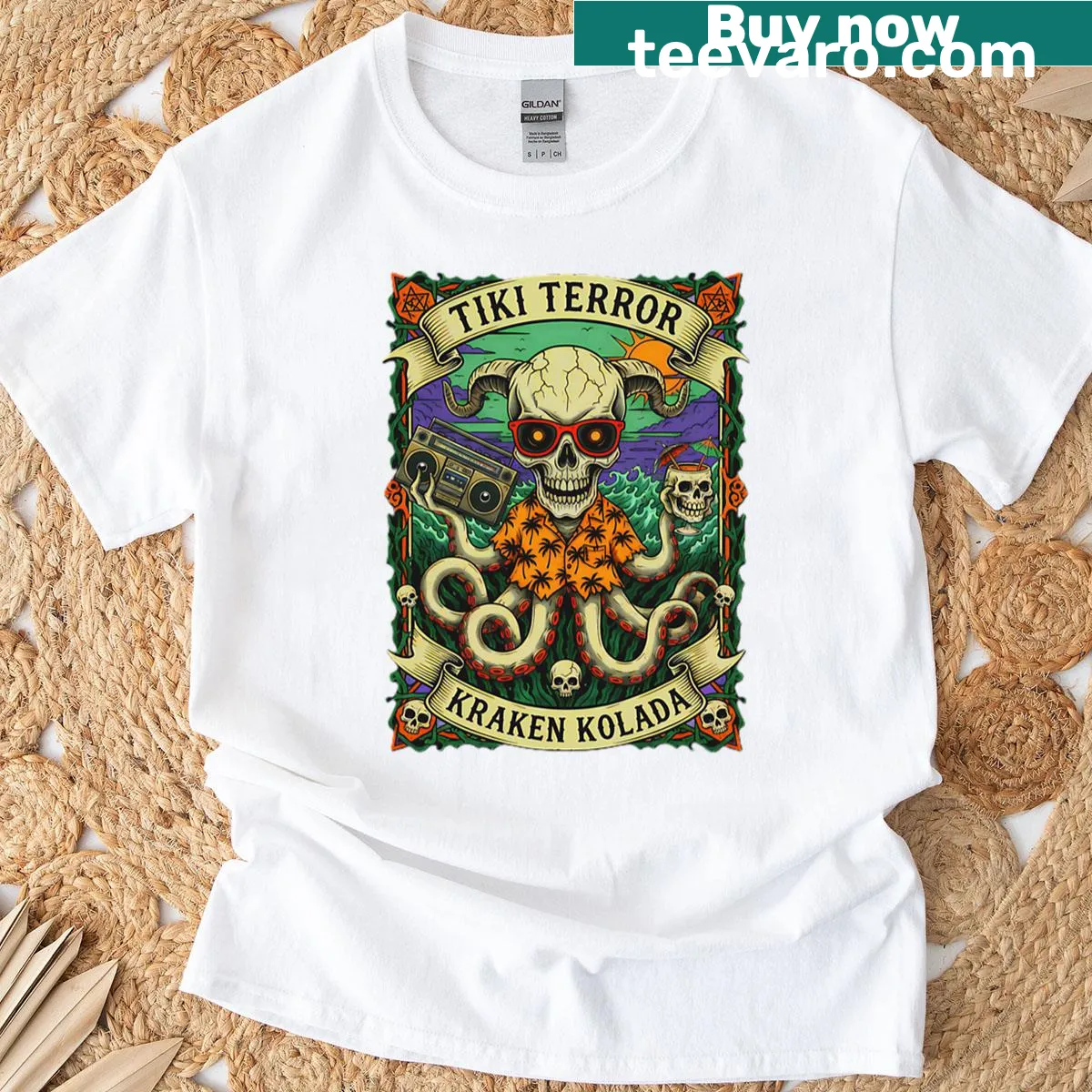 Graphic t-shirt with a kraken enjoying a tiki drink — on a men's t-shirt