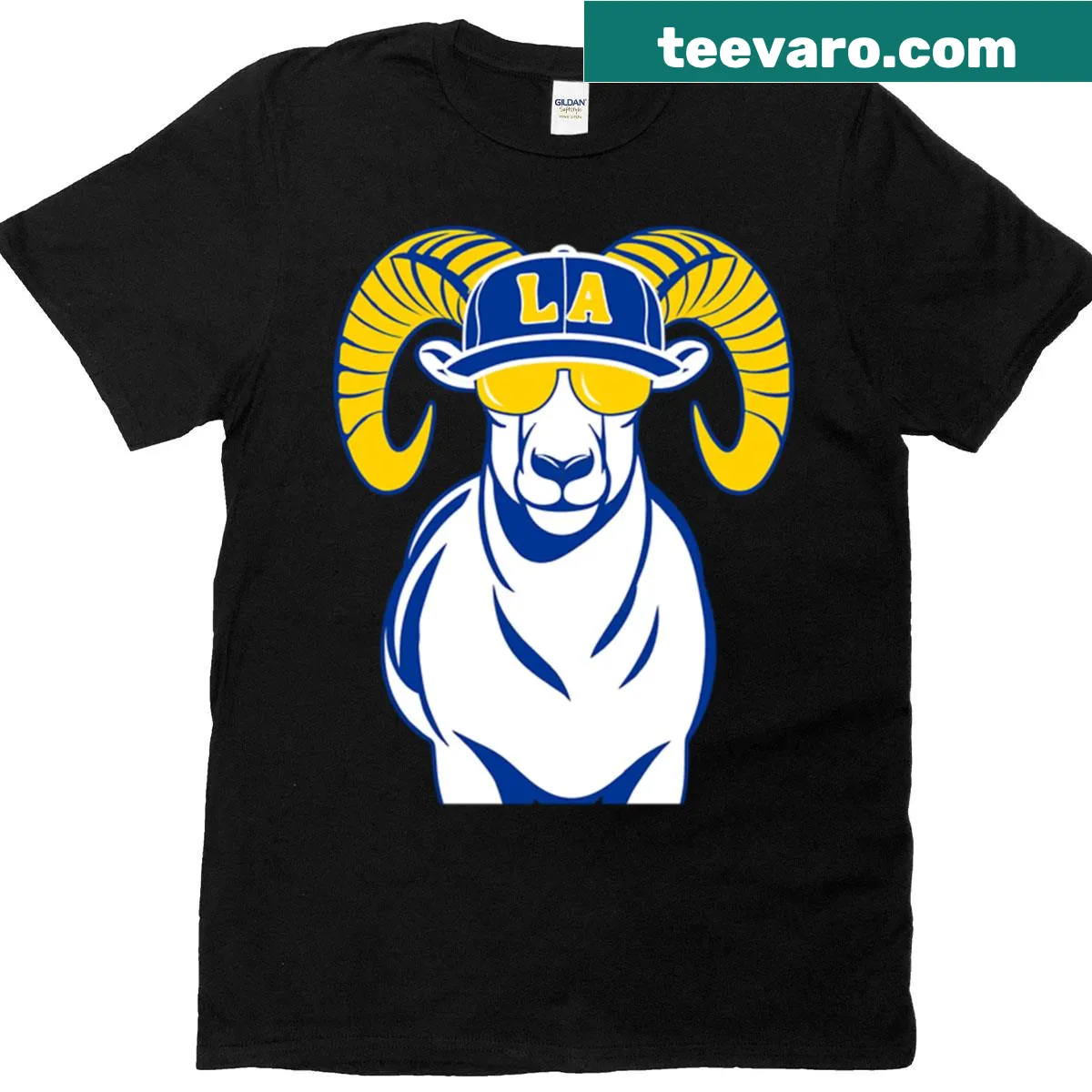 Cartoon ram wearing sunglasses and a hat graphic on t-shirt — on a men's t-shirt