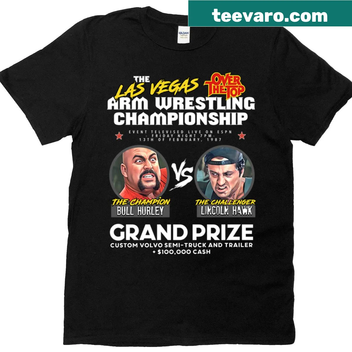 Arm wrestling championship graphic from Over The Top movie t-shirt — on a men's t-shirt