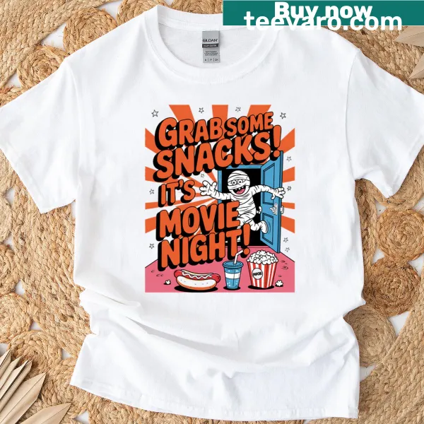 Graphic tee with the phrase 'Let's Watch Horror Movies' in playful font