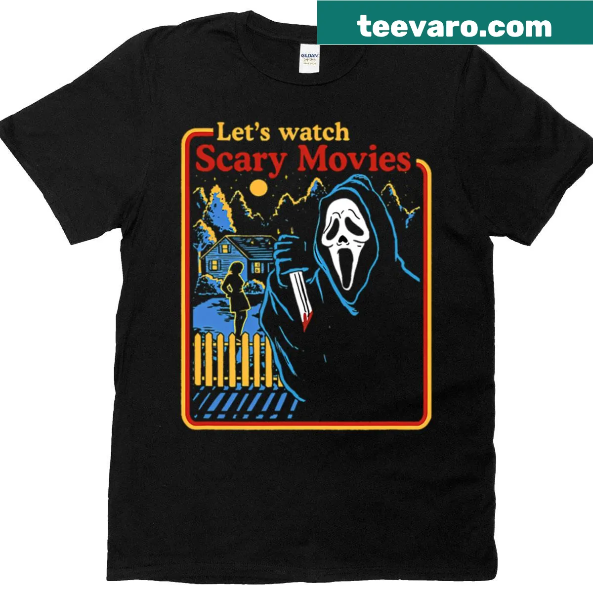 Illustrative horror-themed T-shirt for movie lovers and gamers. — on a men's t-shirt