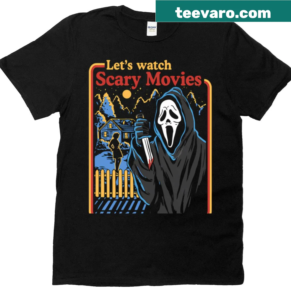 Graphic t-shirt with 'Lets Watch Scary Movies' and a screaming face illustration — on a men's t-shirt