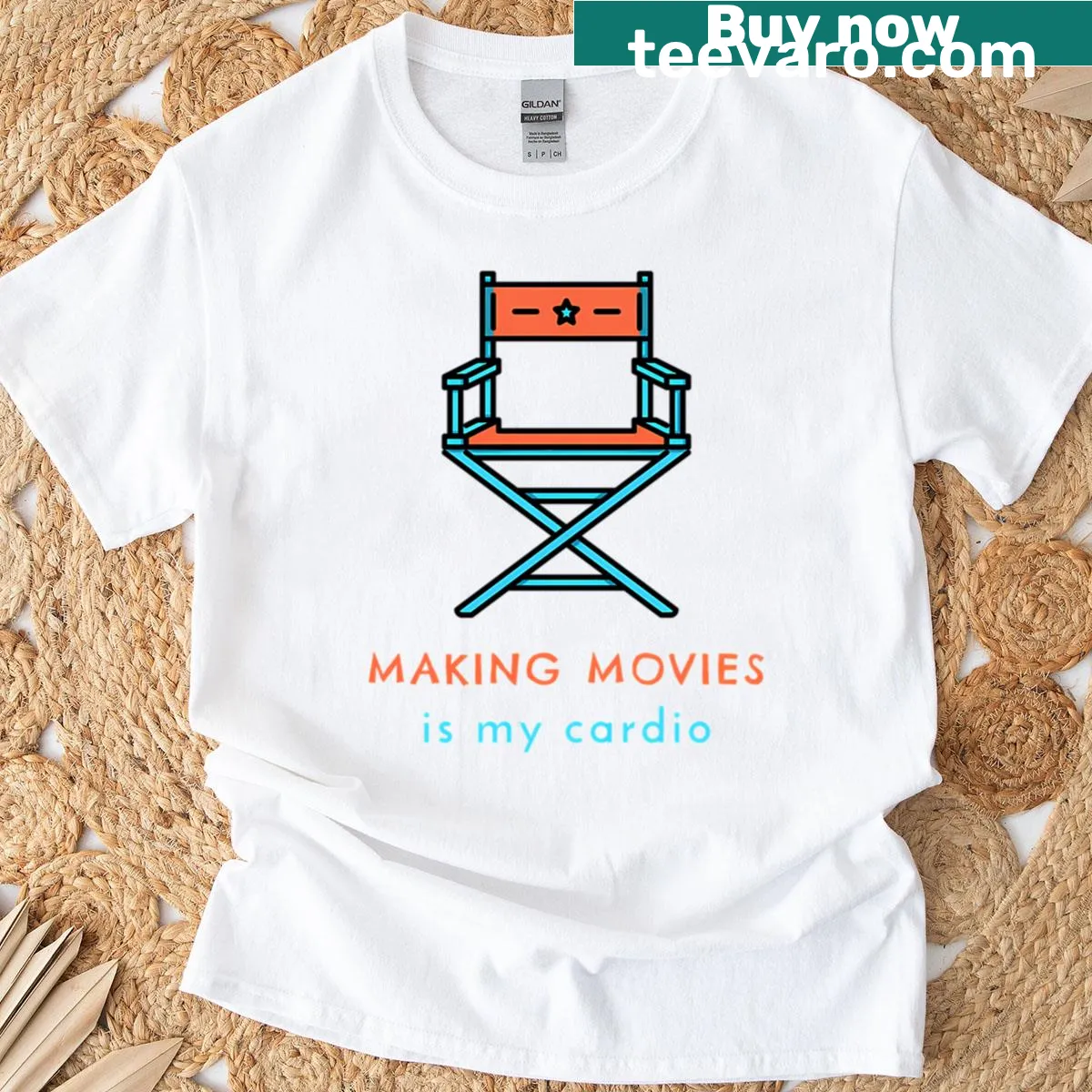 Playful typography T-shirt saying 'Making Movies Is My Cardio' — on a men's t-shirt