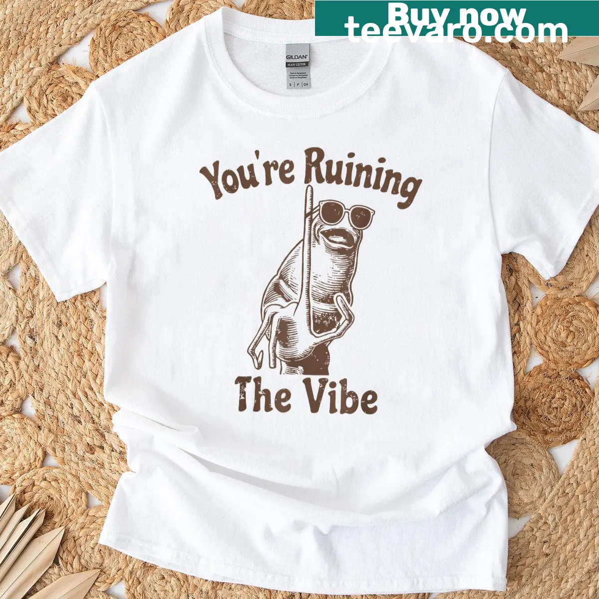 Cartoon worm in cool glasses saying 'You're ruining the vibe' on T-shirt — on a men's t-shirt
