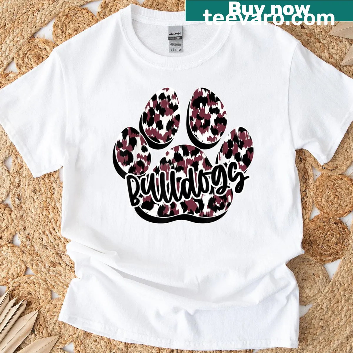 T-shirt featuring maroon Bulldogs mascot and leopard paw print — on a men's t-shirt