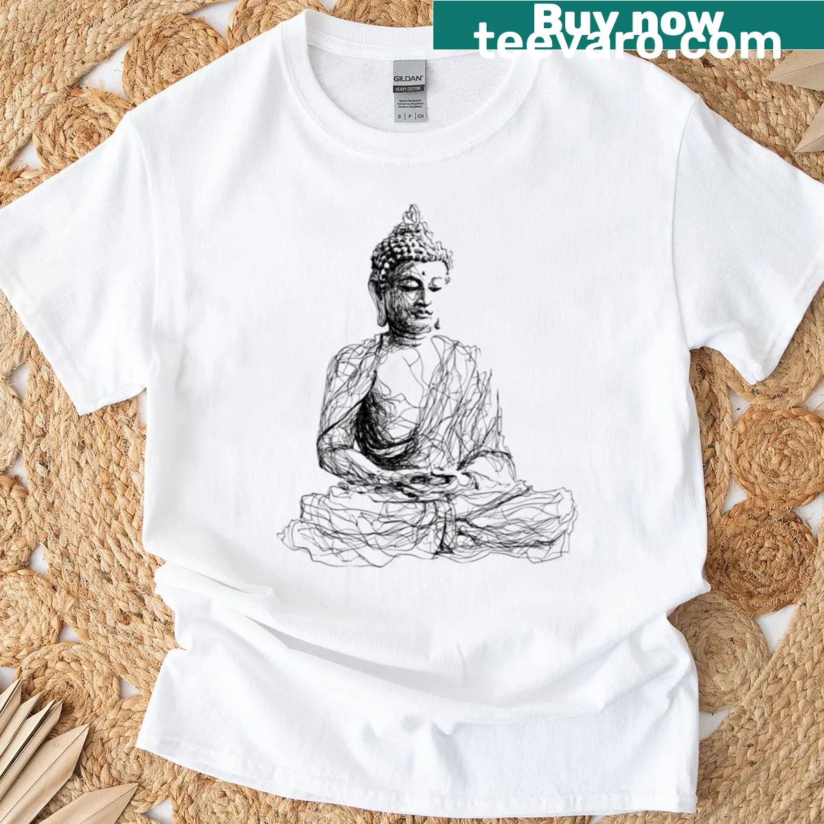 Line art t-shirt featuring a meditative Buddha design — on a men's t-shirt