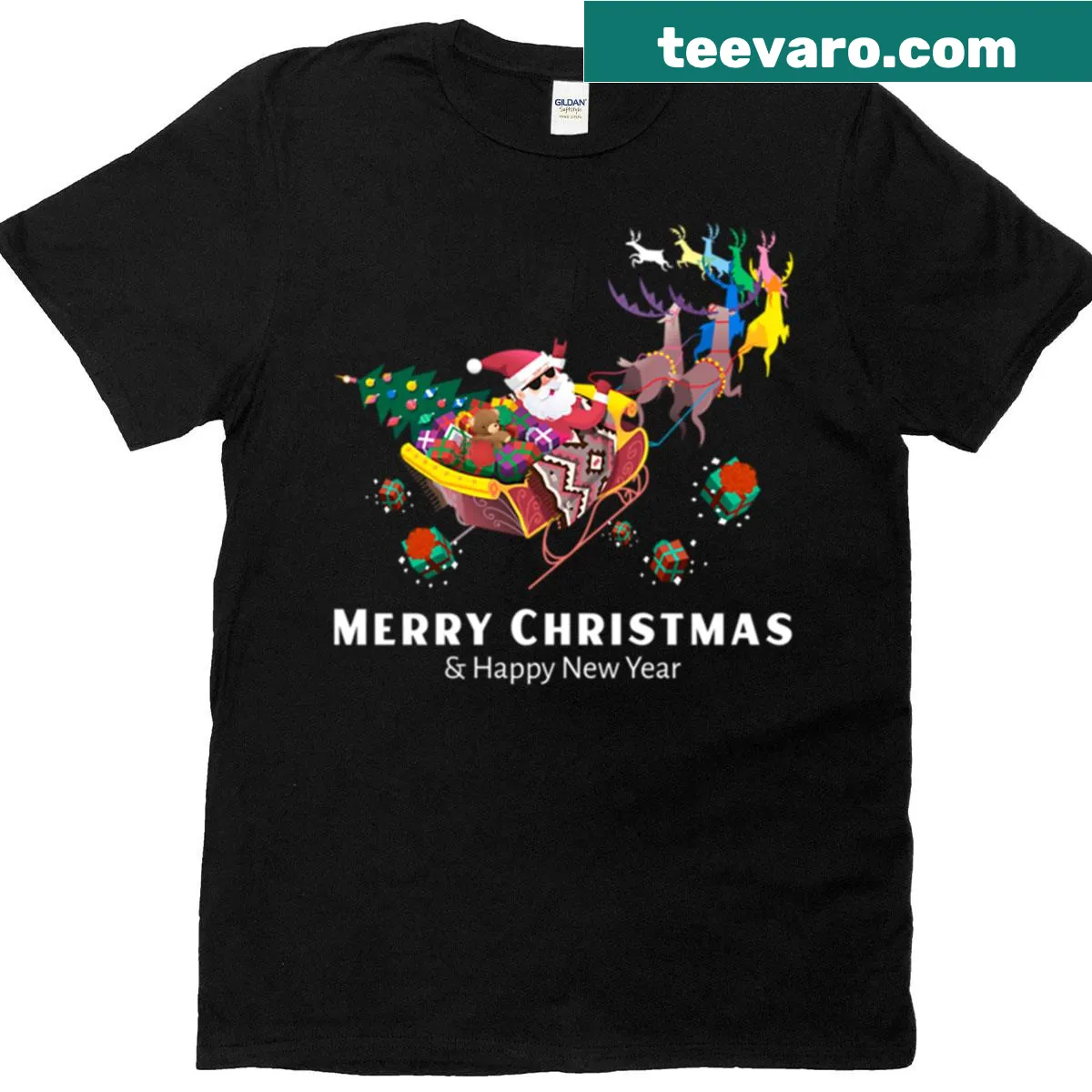 Merry Christmas and Happy New Year text T-shirt — on a men's t-shirt