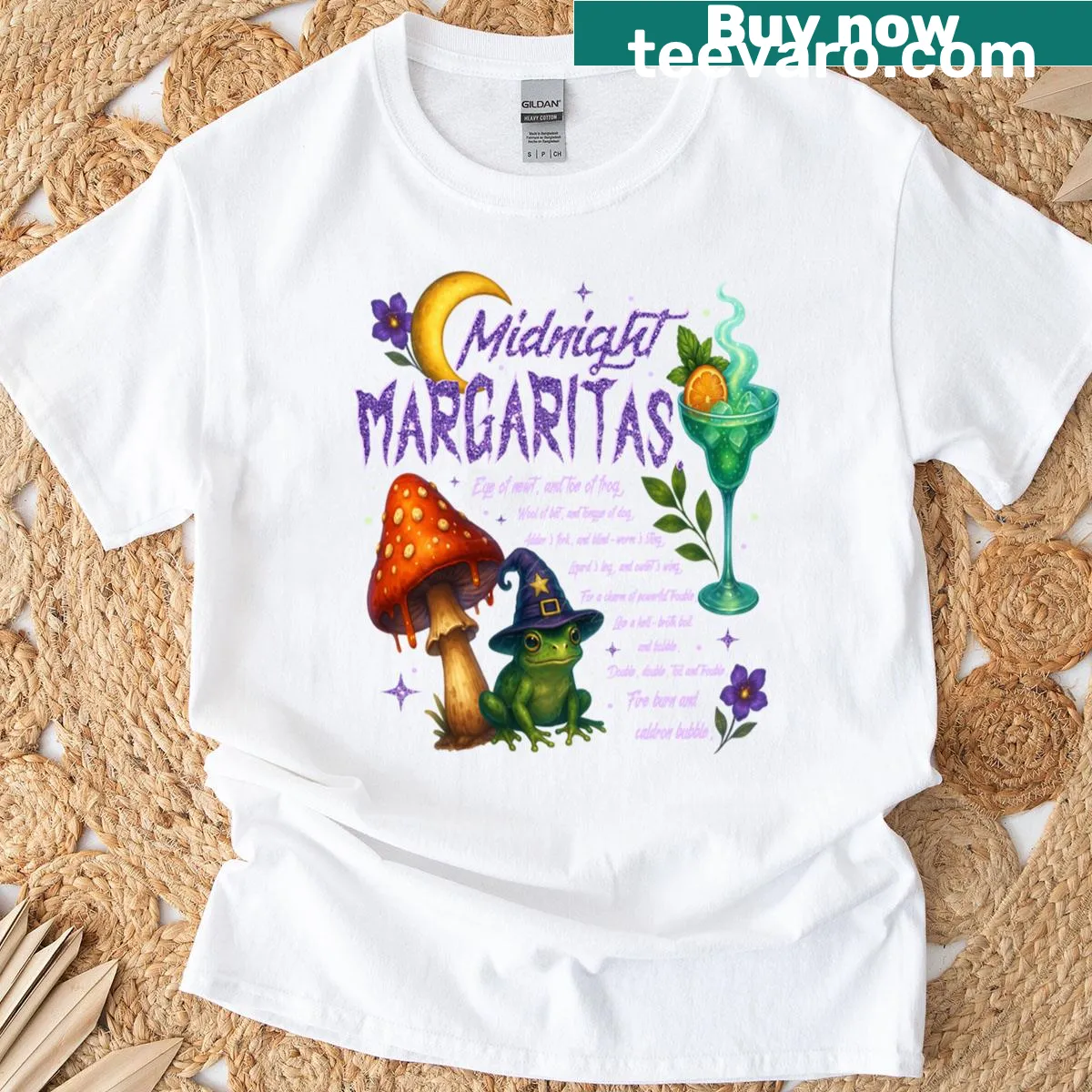 Whimsical T-shirt featuring Midnight Margaritas and witchy design — on a men's t-shirt