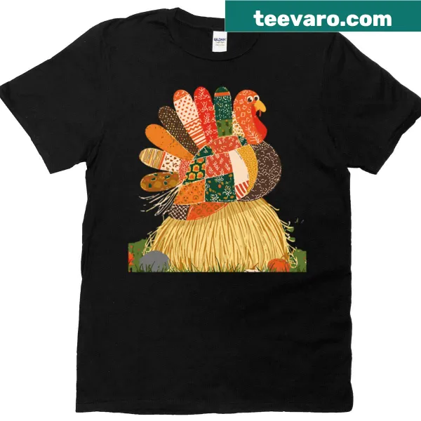 Folk art turkey graphic on a T-shirt with a hay bale design