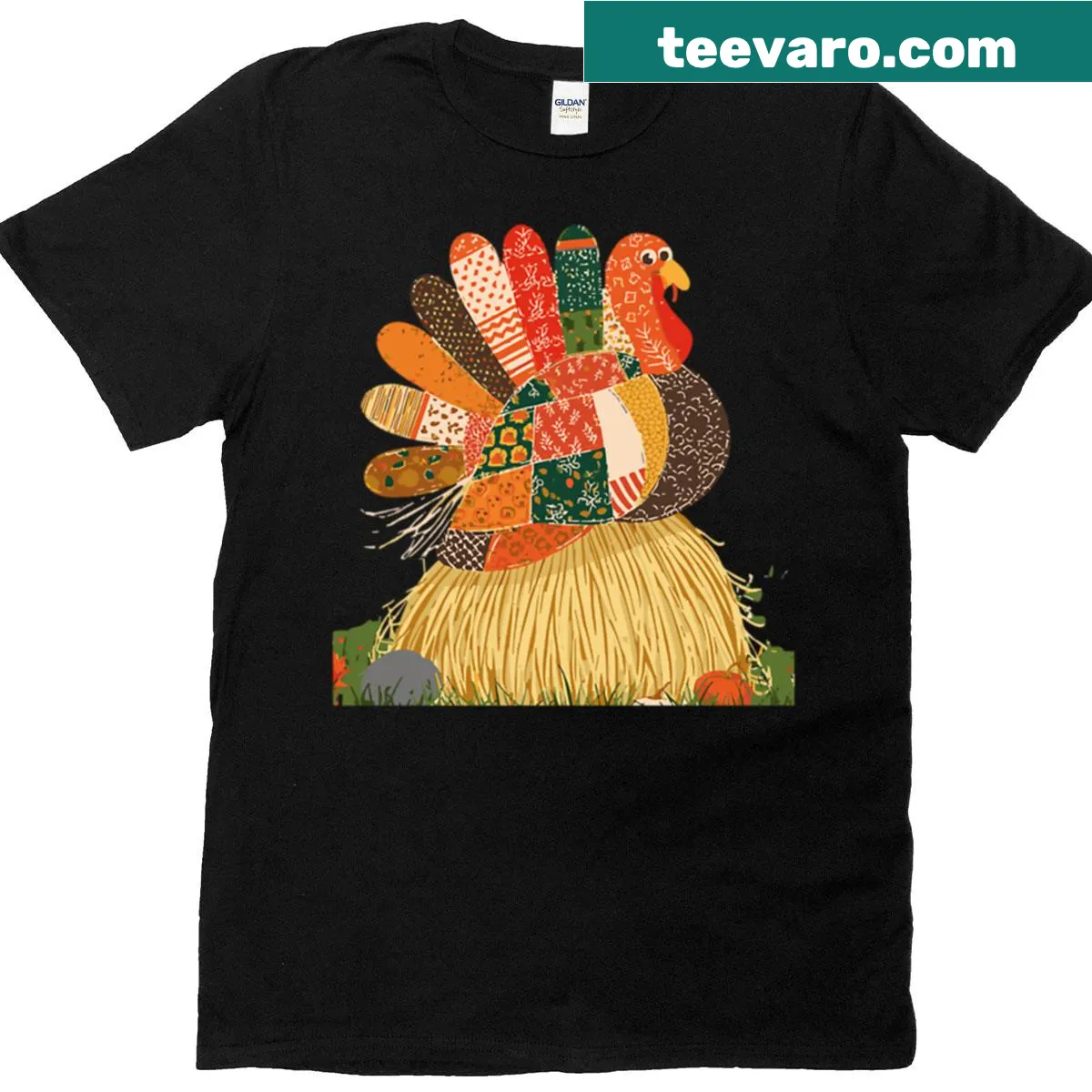 Folk art turkey graphic on a T-shirt with a hay bale design — on a men's t-shirt