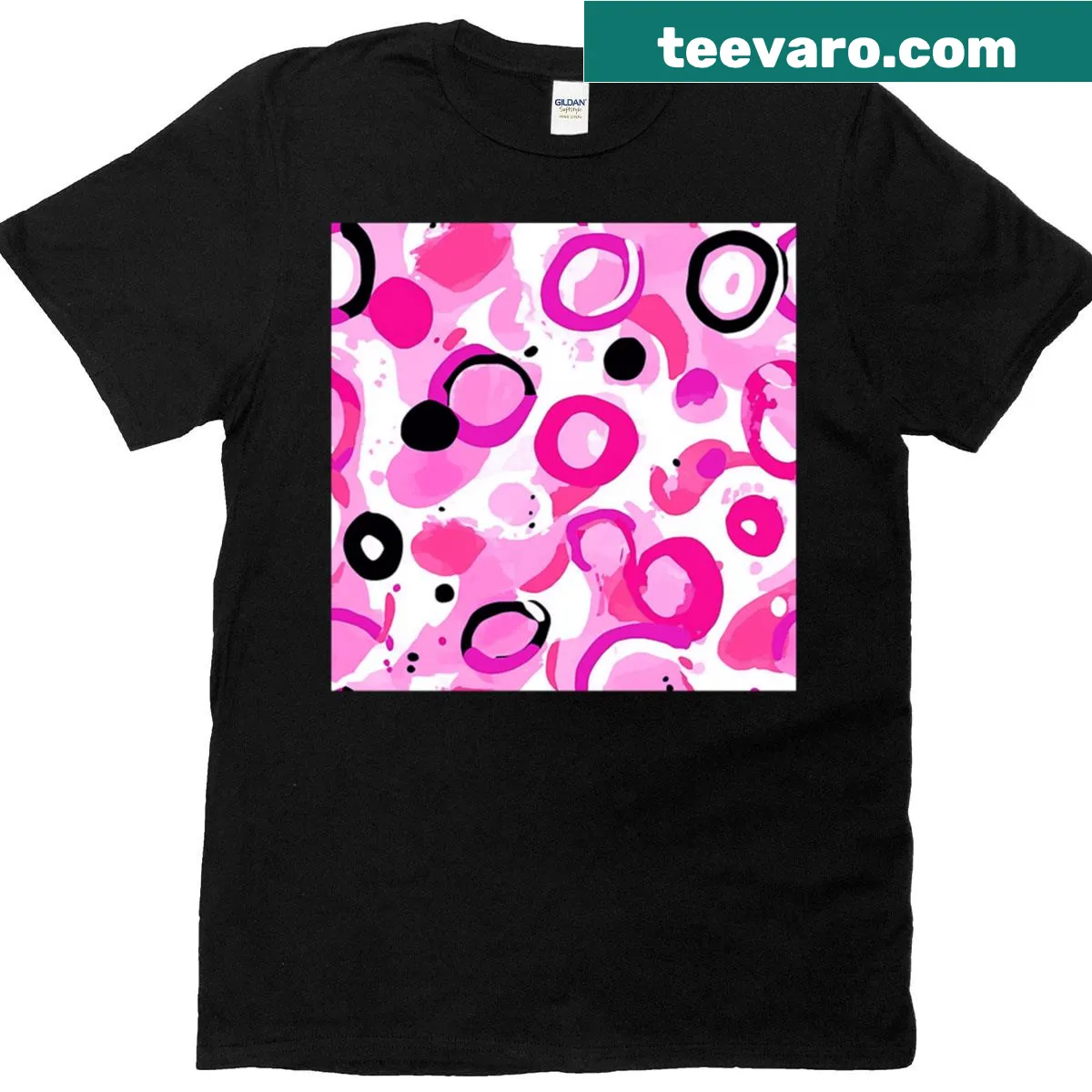 Modern abstract scattered circles design in pink, white, and black — on a men's t-shirt