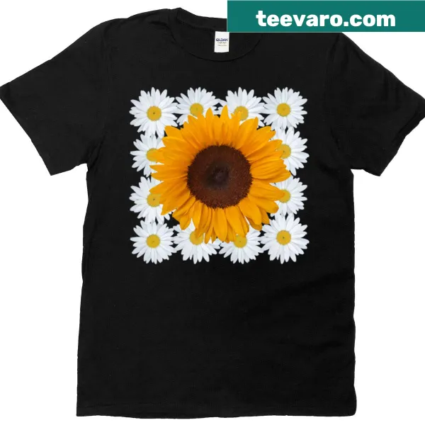 Modern graphic T-shirt featuring sunflowers and daisies with geometric shapes