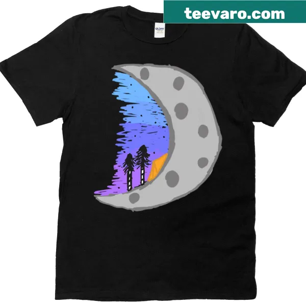 Illustration of a camping scene under moonlight on a nature-themed t-shirt