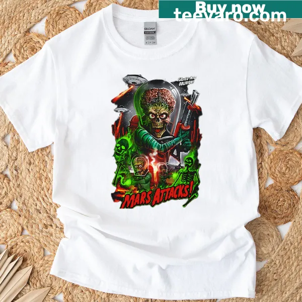 Vintage t-shirt featuring iconic horror movie logos in distressed style.