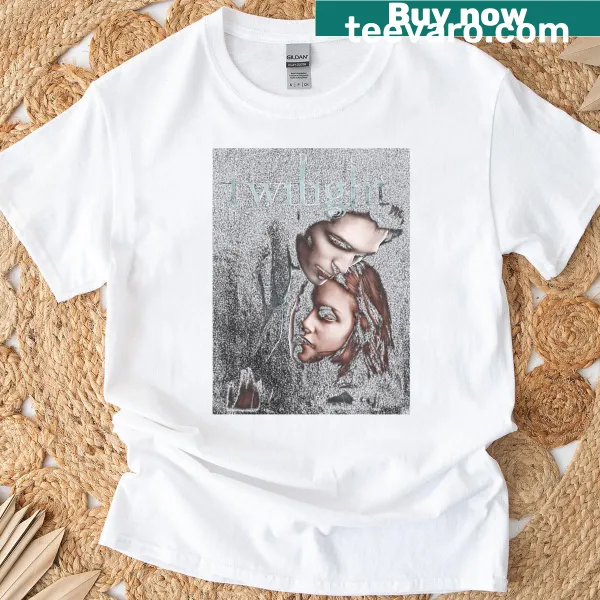 Retro-inspired shirt with wolves and vampires in a romantic scene.