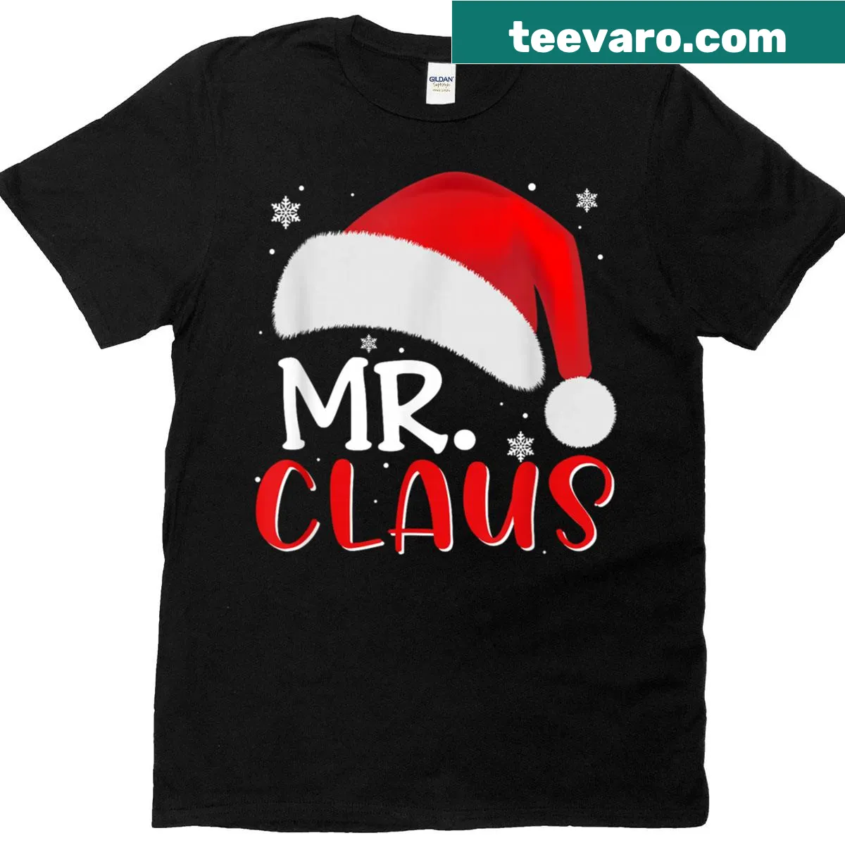 Matching Christmas t-shirts for couples with Santa hats — on a men's t-shirt