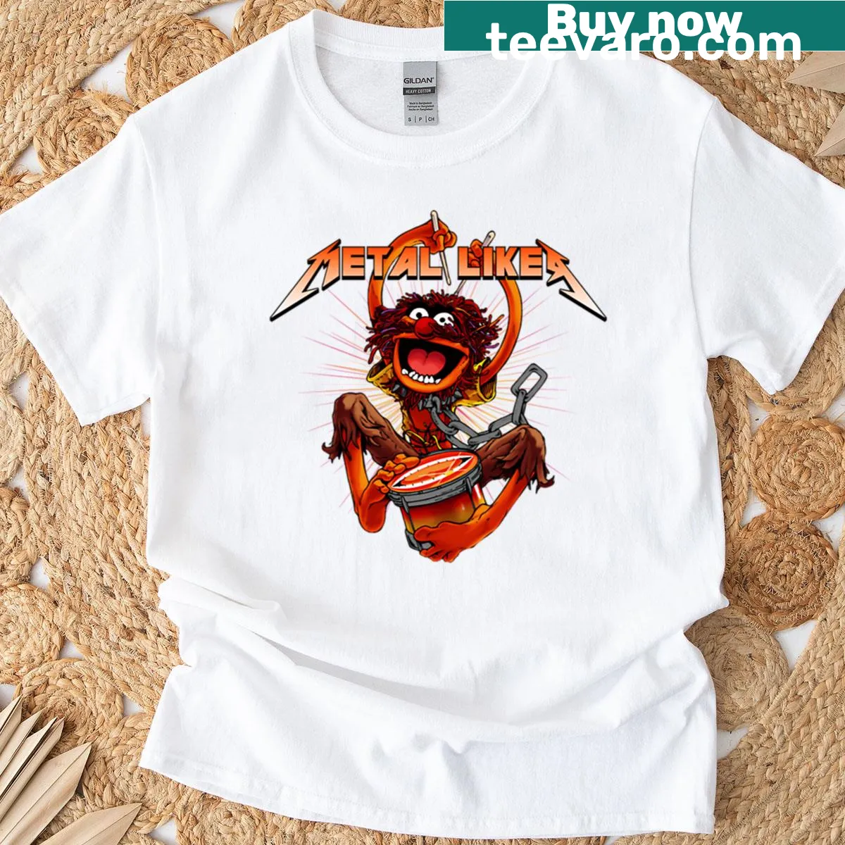 Muppet-themed t-shirt featuring drummer Animal — on a men's t-shirt