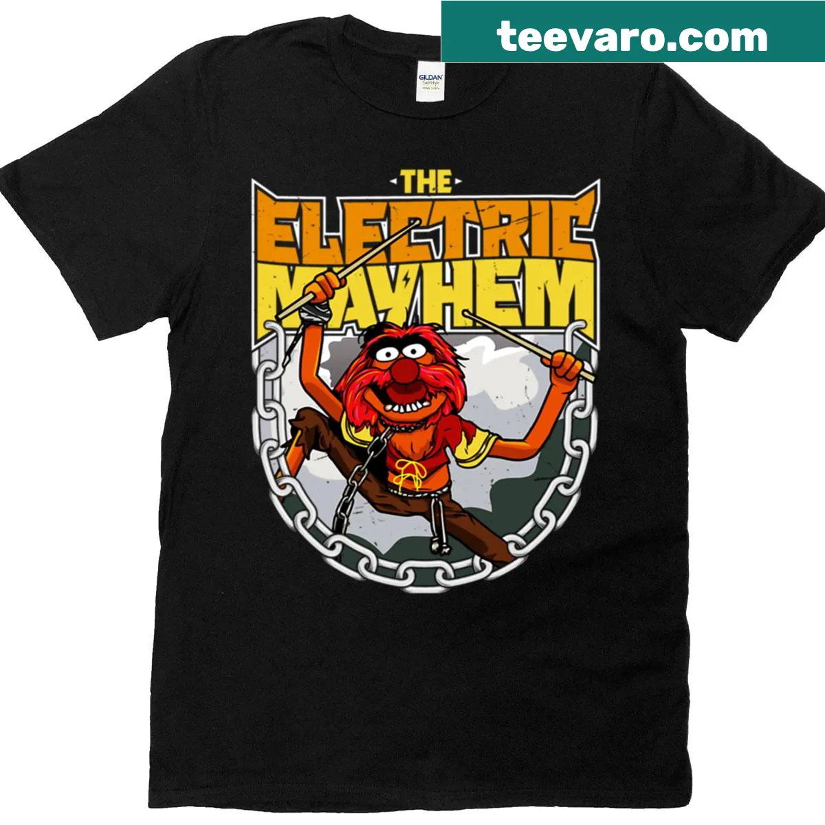T-shirt featuring illustrations of Muppets Electric Mayhem — on a men's t-shirt