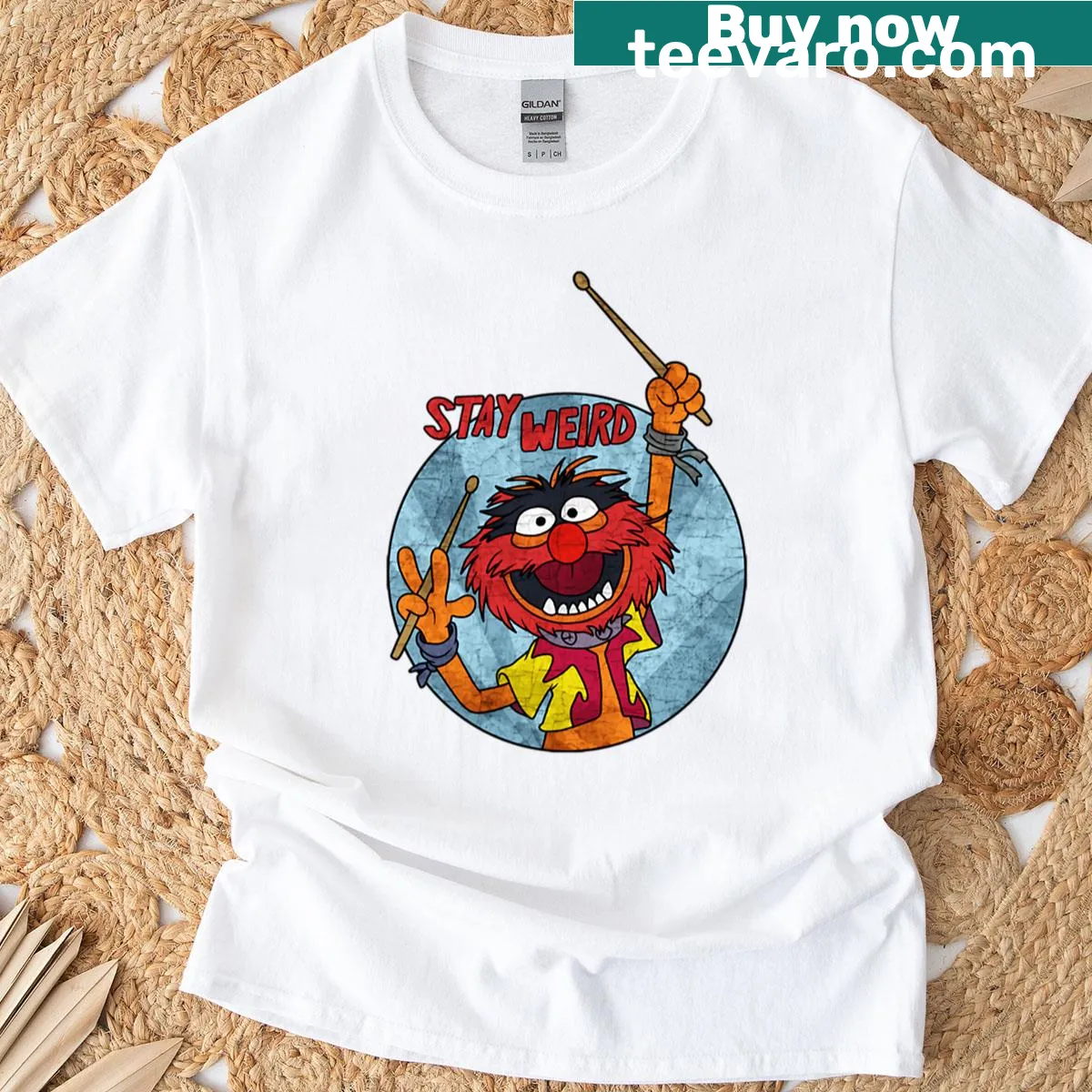 Cartoon drummer graphic from Muppets on a playful t-shirt — on a men's t-shirt