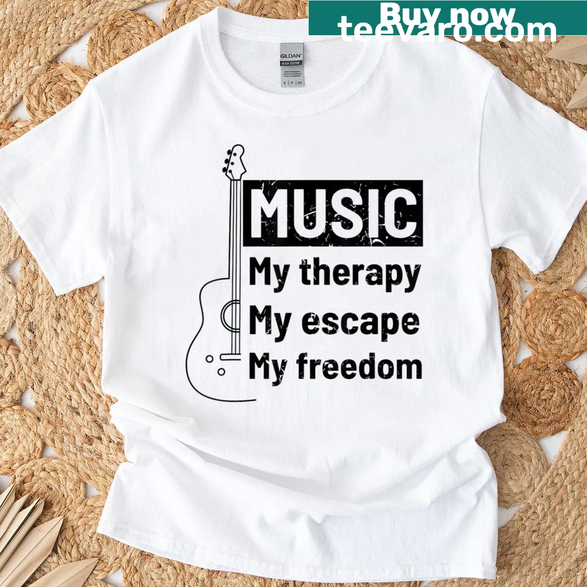 Inspirational T-shirt featuring a guitar and music therapy slogan — on a men's t-shirt