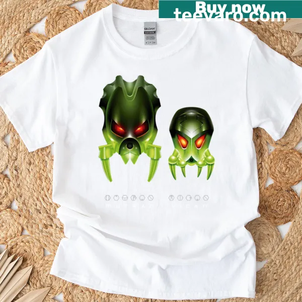 T-shirt featuring Mutran and Vican characters in an illustrated design