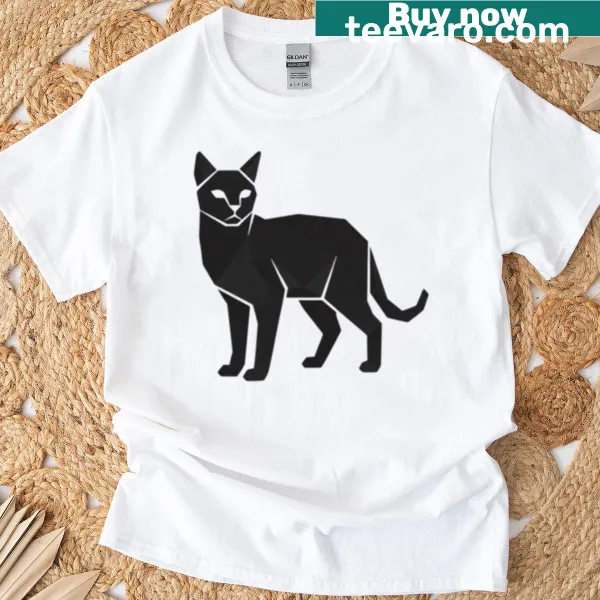 Minimalist black geometric cat graphic on t-shirt