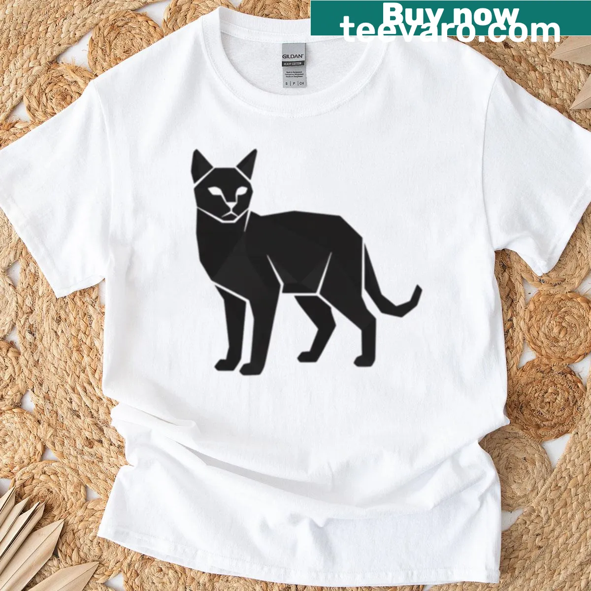 Minimalist black geometric cat graphic on t-shirt — on a men's t-shirt