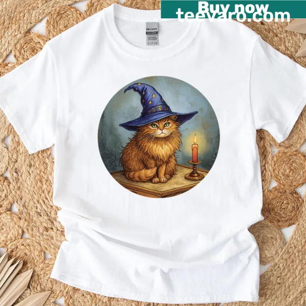 Illustration of a wizard cat by candlelight on a whimsical t-shirt