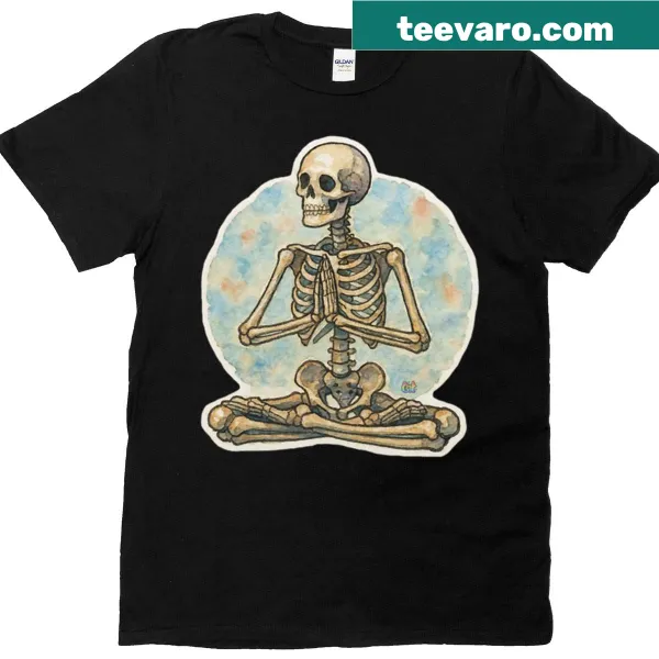 Illustration of a skeleton in a yoga pose with a 'Namaste' caption