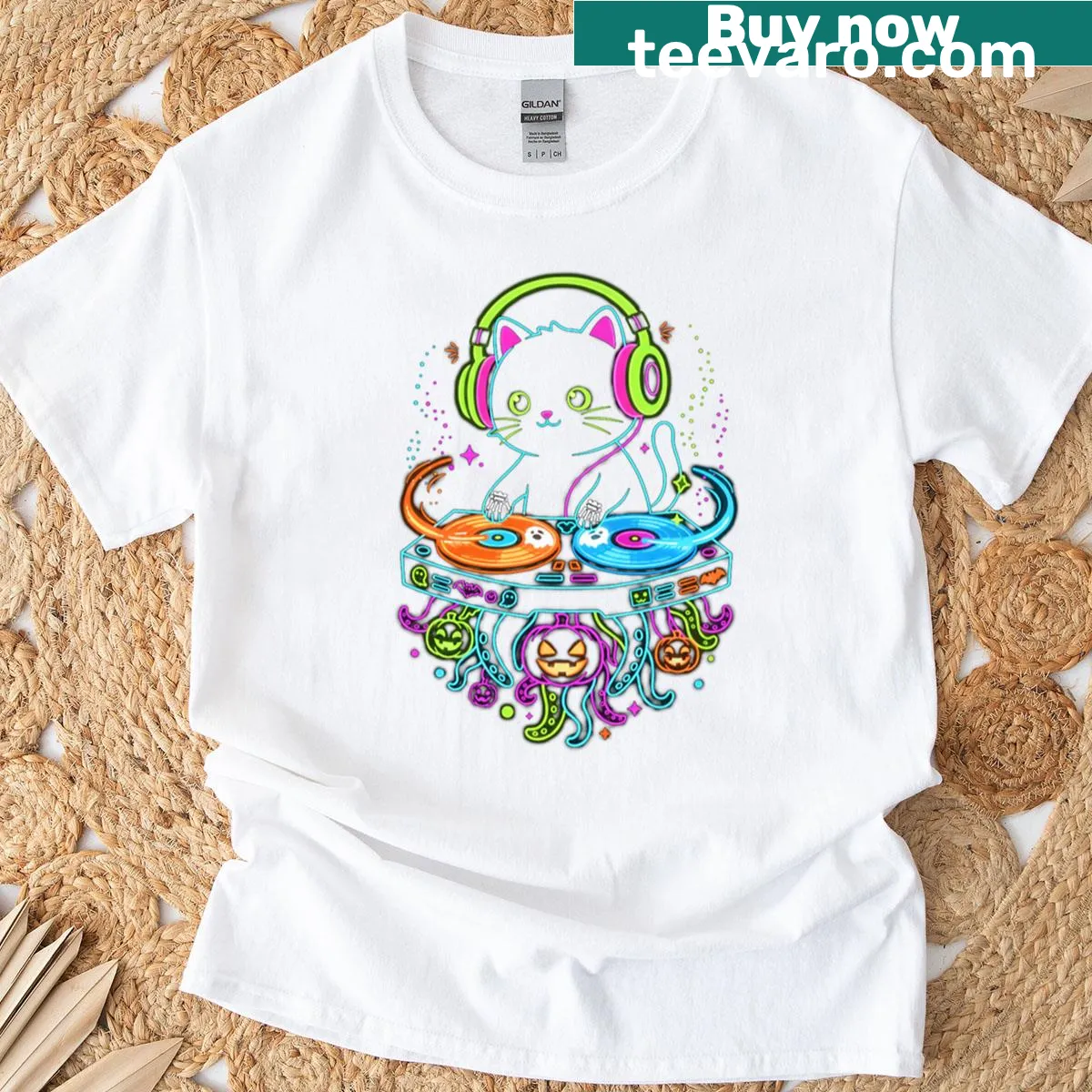 Cartoon DJ cat with octopus arms on neon t-shirt — on a men's t-shirt