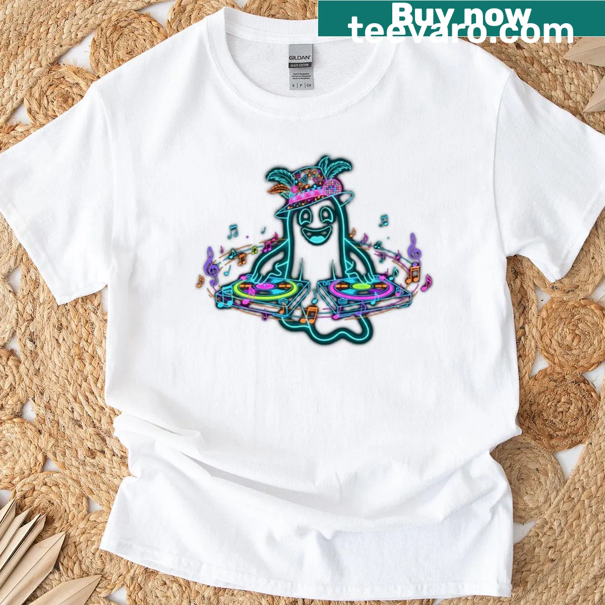 DJ ghost t-shirt featuring neon graphics perfect for EDM and Halloween — on a men's t-shirt